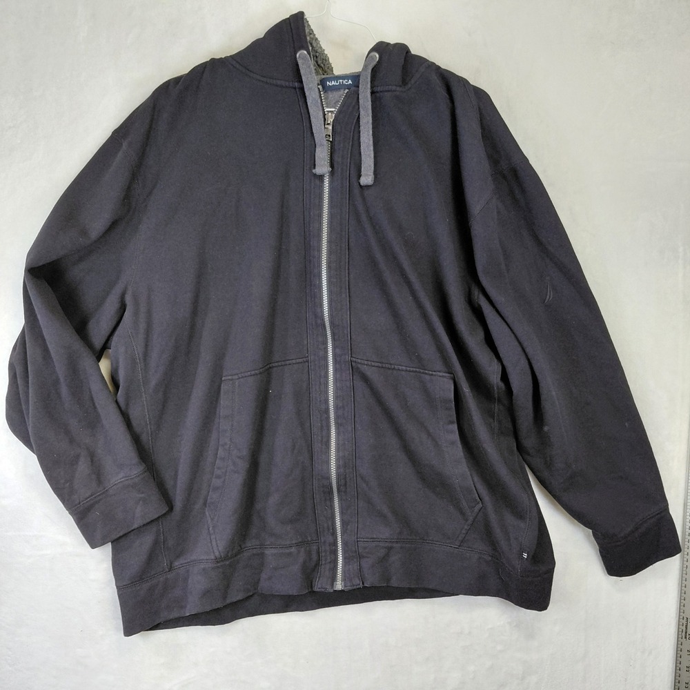 Nautica Mens 3XL Black Sherpa Lined Full Zip Hoodie Sweatshirt Embroidered Logo